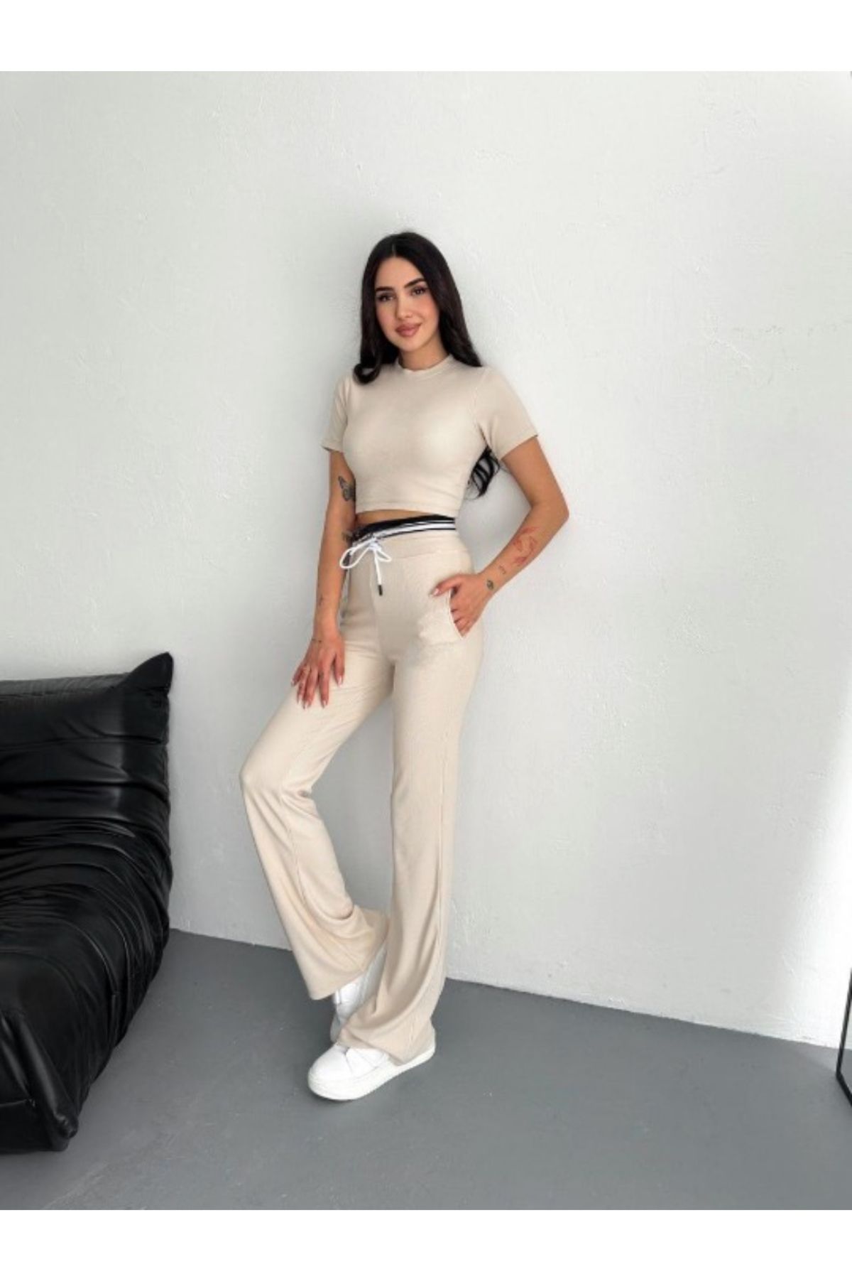 MODA Ola Ottoman Crop T-Shirt Palazzo Pantolon takım