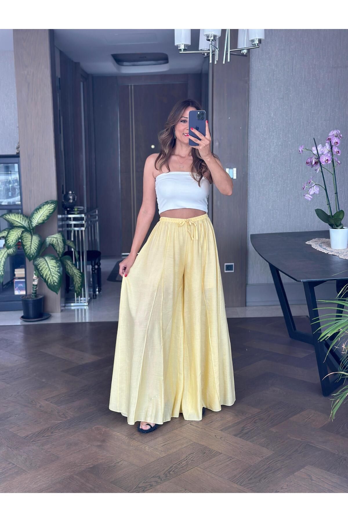 Forlady Butik Sarı Ters Dikiş Parçalı Bağcıklı Geniş Paça Kadın Pantolon