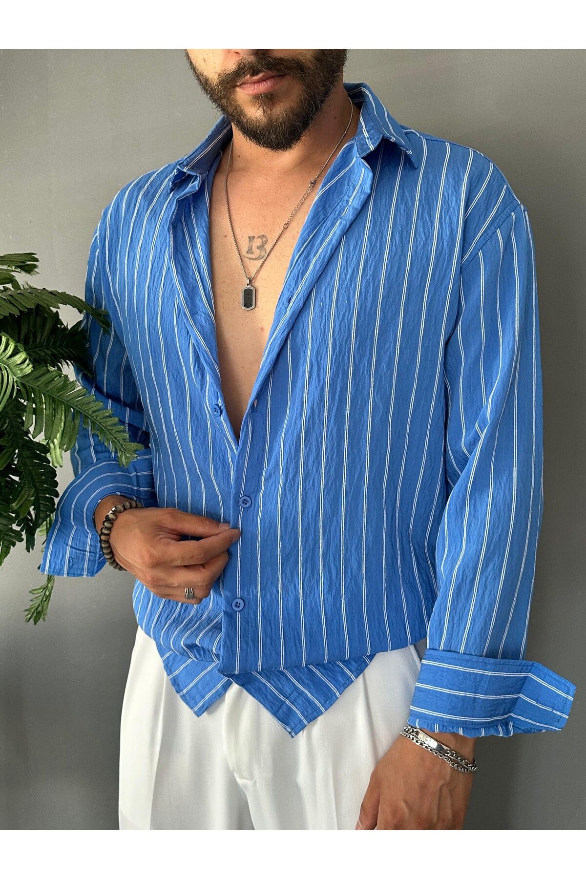 THEMANN Çizgili Desenli Model Kumaş Mavi Oversize Gömlek