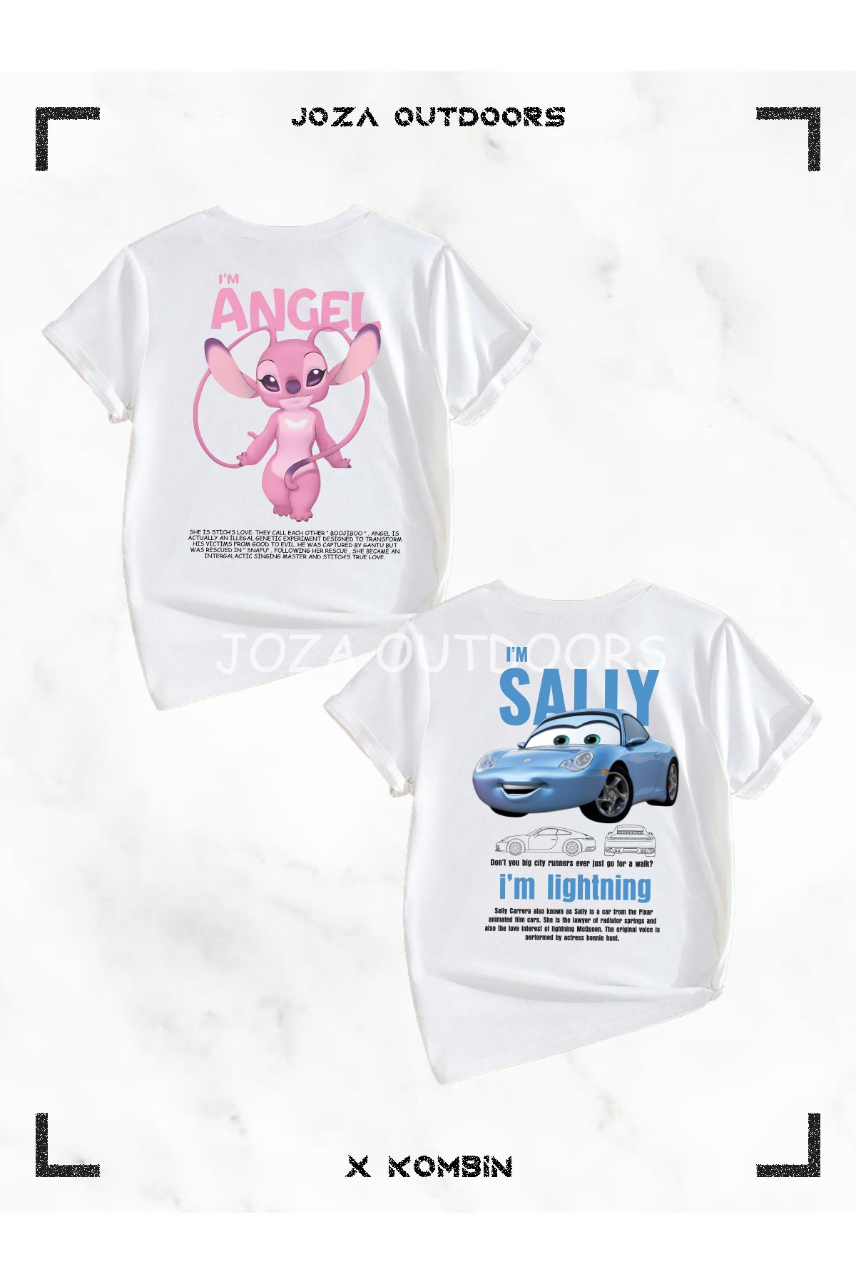 Joza Outdoors Unisex Kız ve Erkek Angel Lilo Stitch - Mcqueen Sally Cars SIRT Baskılı Çocuk 2'li T-shirt Set Takım