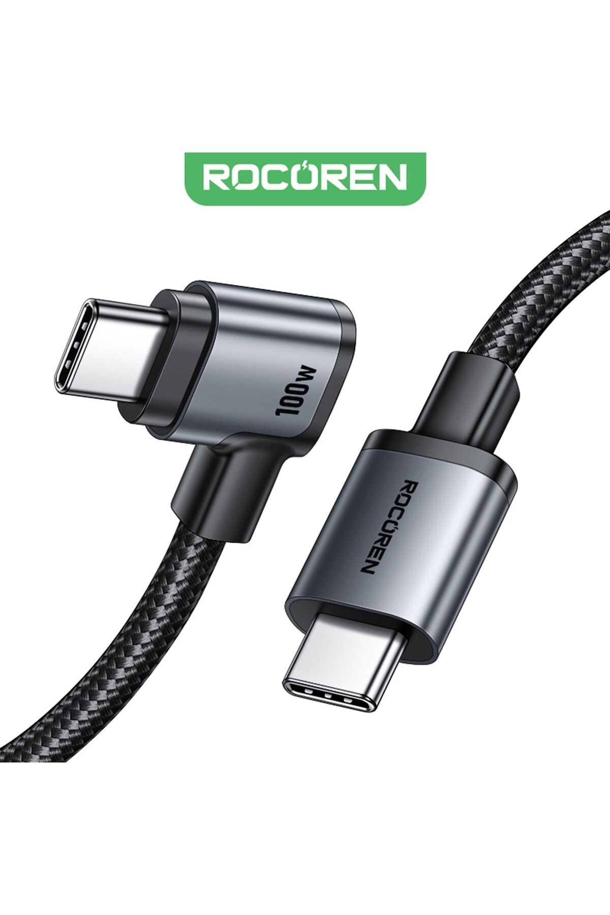Rocoren 100W Type-C to Type-C 90° Örgülü PD Hızlı Şarj ve Data Kablosu 1 Metre