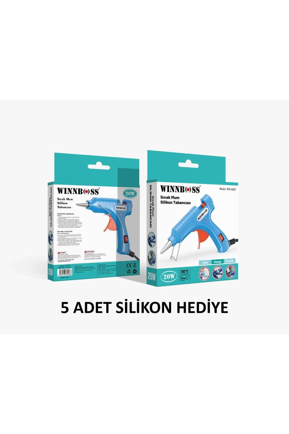 WINNBOSS Metal Uçlu-Düğmeli-20W-190C 7.5mm Çapında Ince Sıcak Mum Silikon Tabancası+5 Silikon Hediye