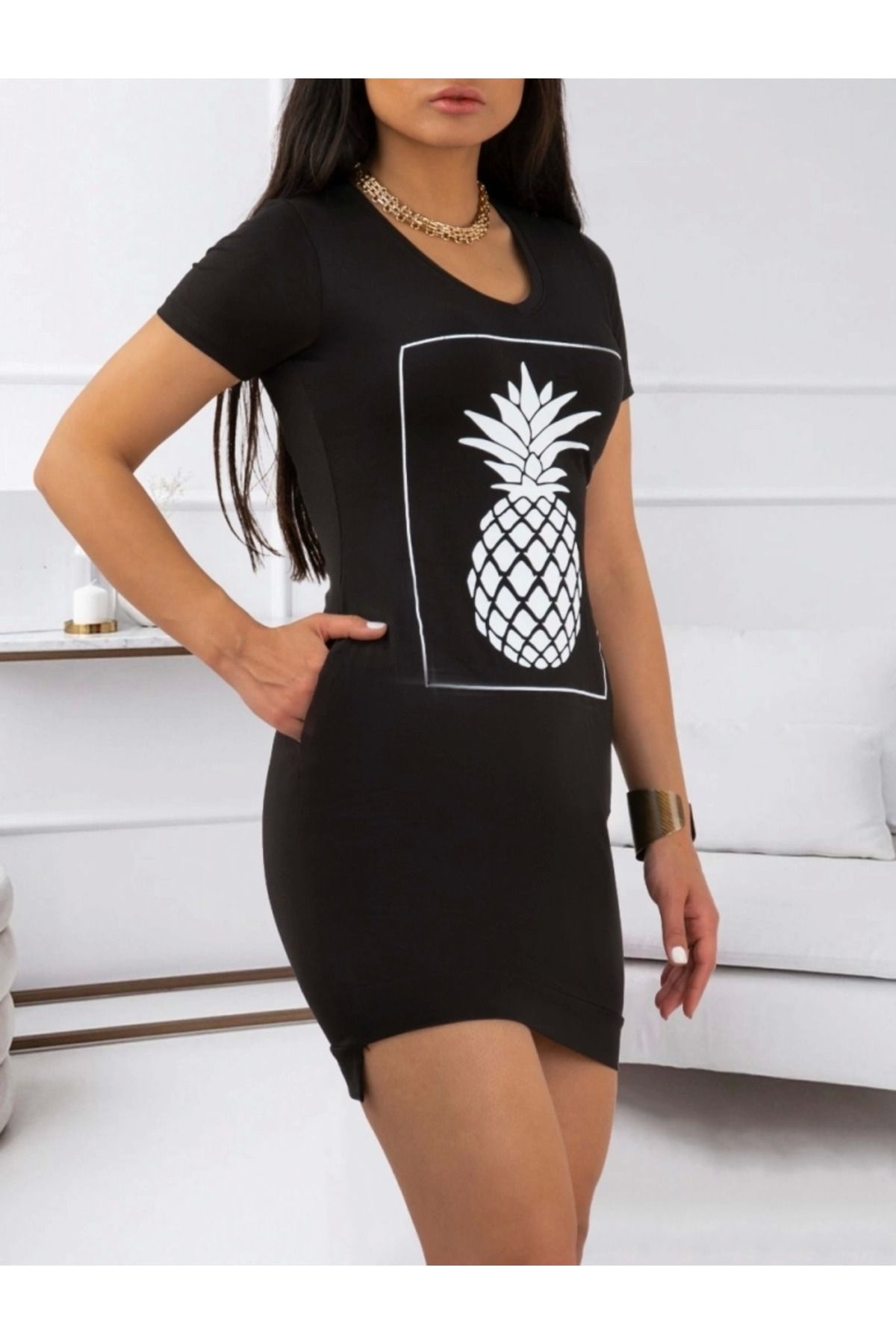 ZORM Ananas Desenli Kısa Kol Elbise