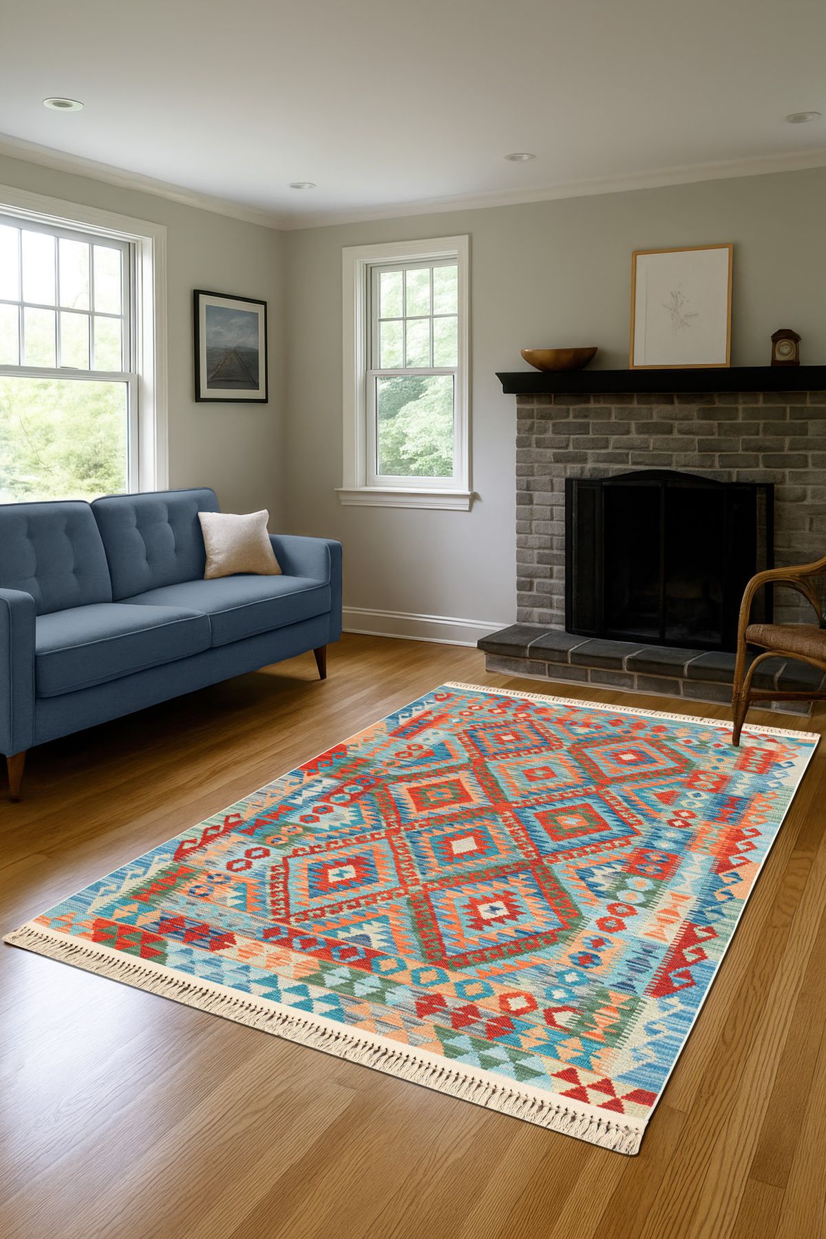 Massilia Home Satürn Retro Mavi Dijital Baskı Makinede Yıkanabilir Kilim Antibakteriyel Renkli Desen Ev Oda Halısı