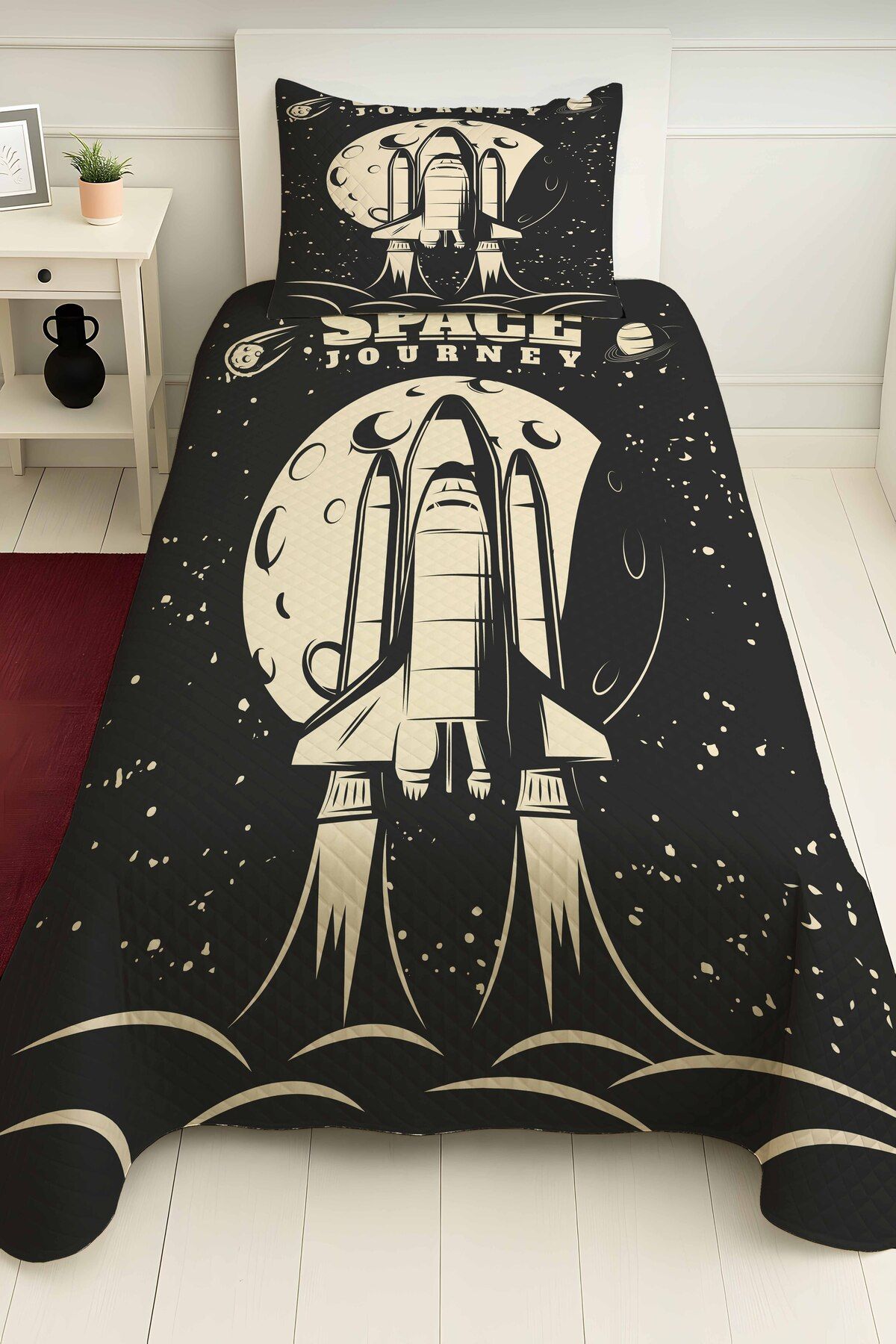 PRINTOPIA Space Journey Yazılı Füze Uzay Desenli Antrasit Tek Kişilik Pike Takımı