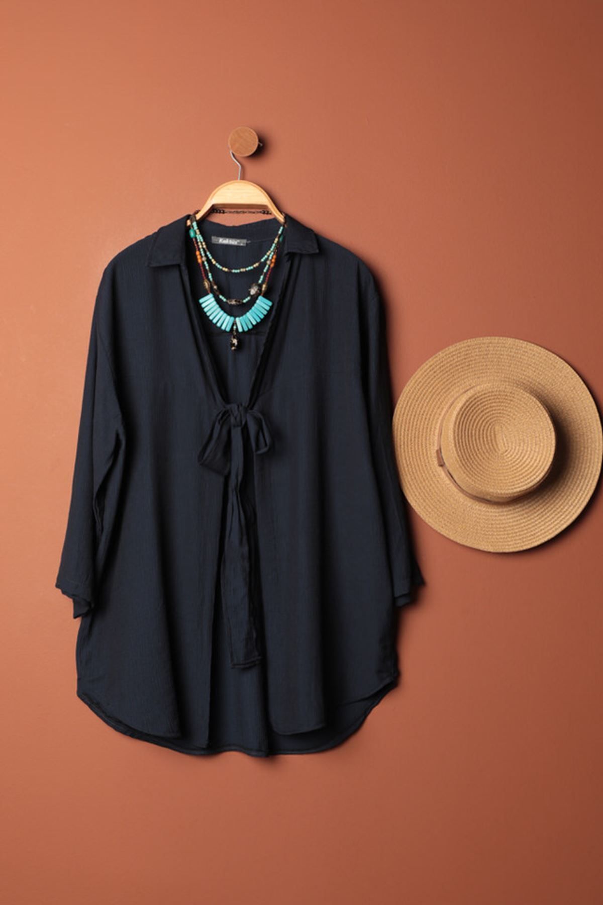 delta online Ağaç Kabuğu Kumaş Kimono-Lacivert - XL