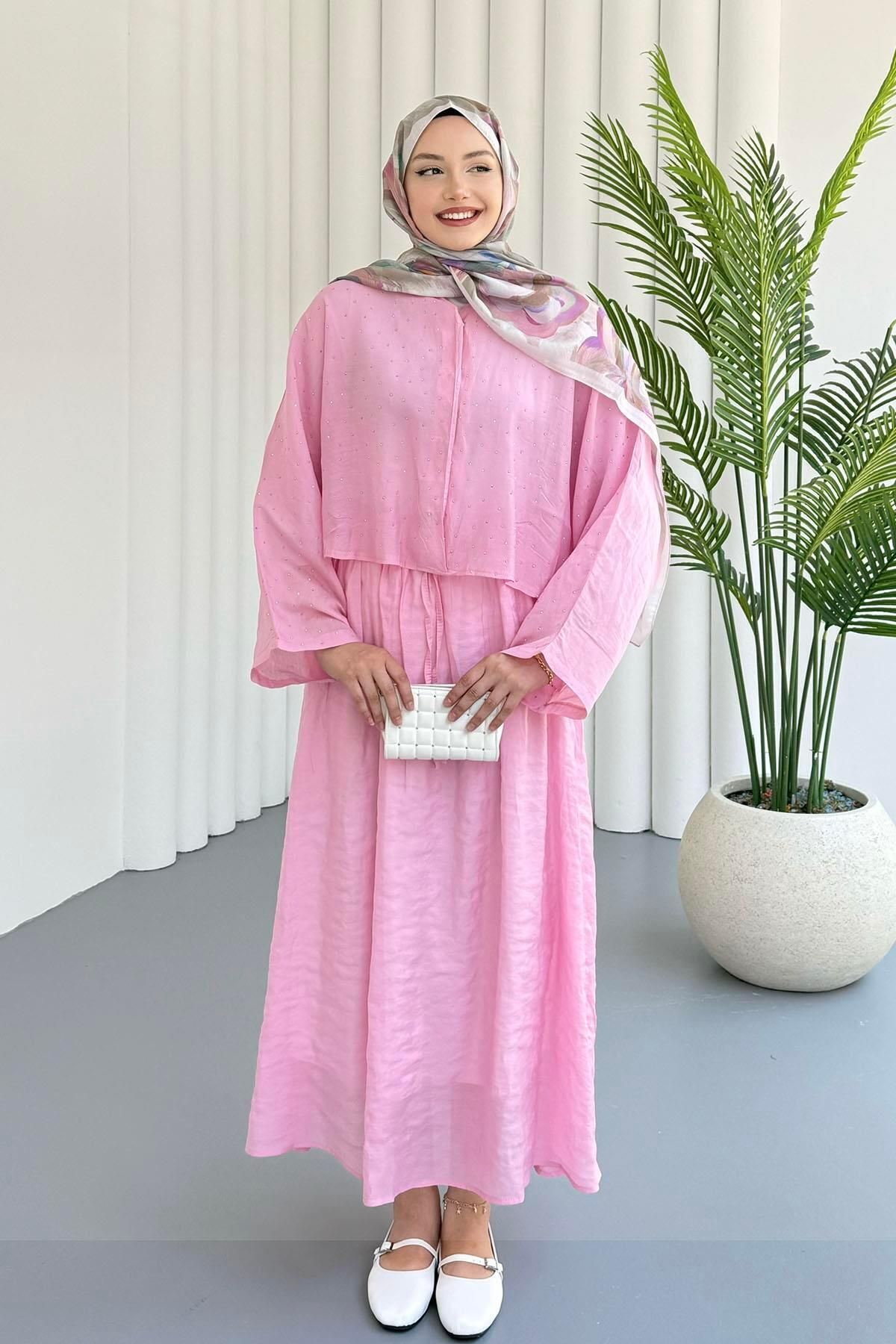 Modaensarbutik Bluzu Yarasa Kol Taş Serpmeli Etekli Tesettür Takım-PEMBE