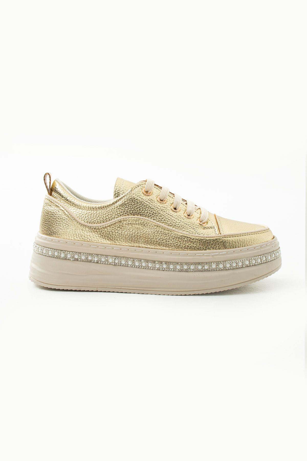 Siena Shoes Vela Kadın Taşlı Taban Detaylı Bağcıklı Sneaker Altın