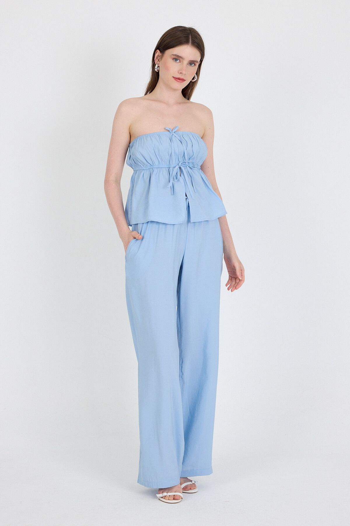Rays Bebe Mavi Mavi Straplez Bluz ve Geniş Paça Pantolon İkili Takım 5236