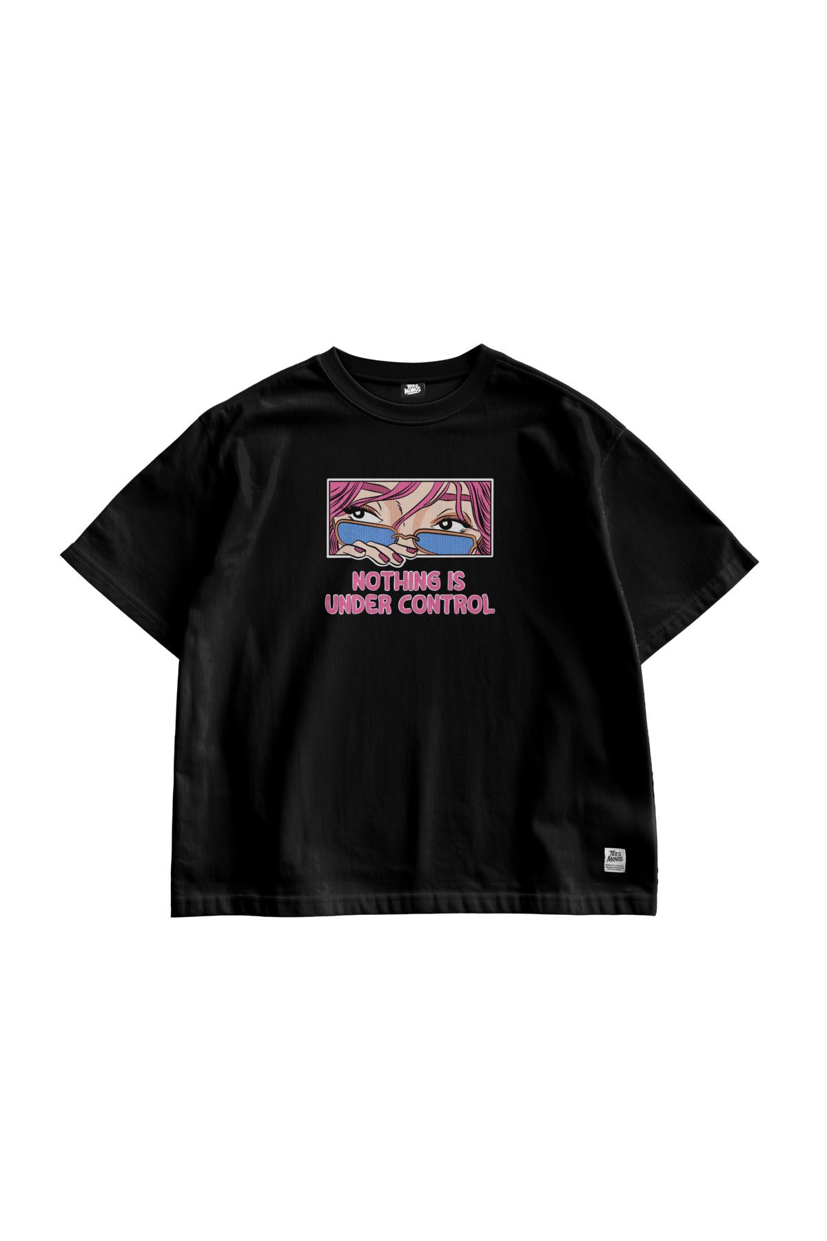 TresMonos Nothing Is Under Control Baskılı Oversize Kısa Kollu Pamuklu Unisex Siyah Tişört