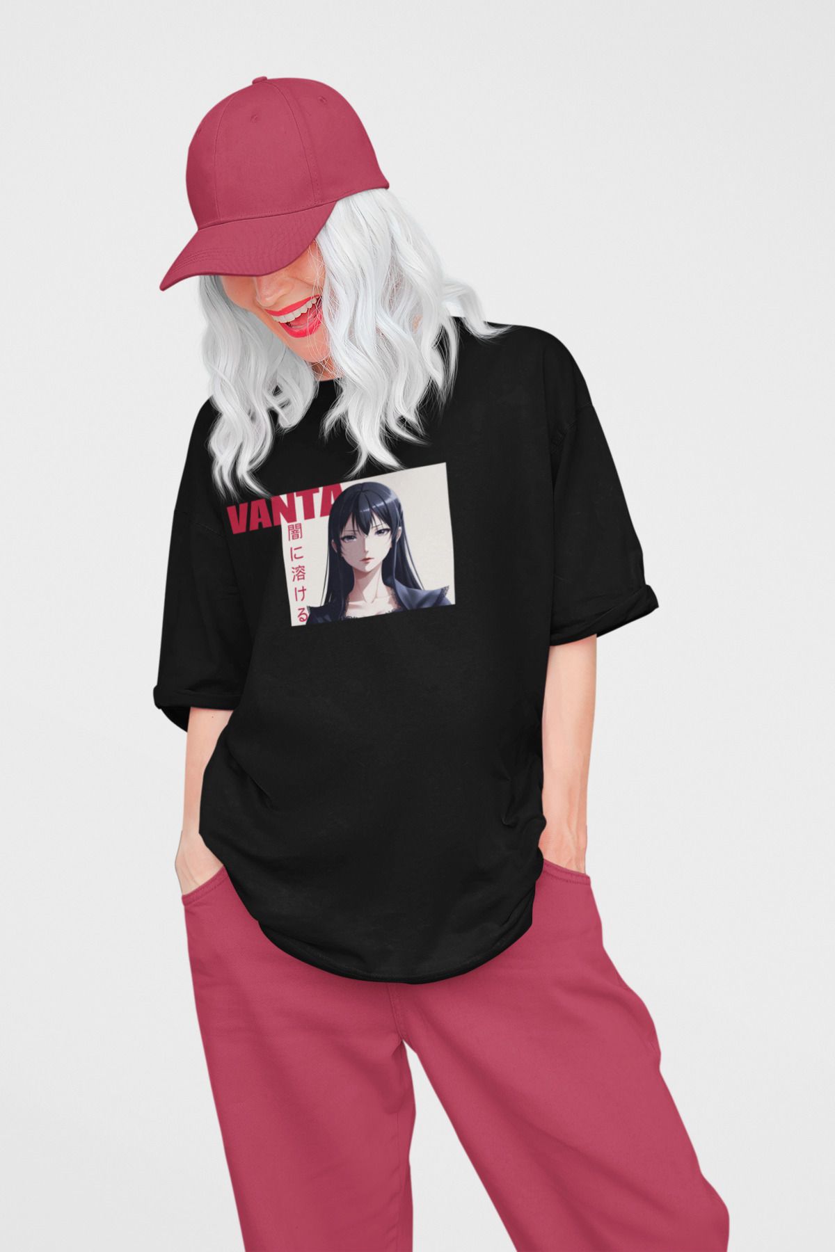 Was Plus Unisex Siyah Oversize %100 Pamuklu "Vanta" Anime Kız Karakter Baskılı T-shirt