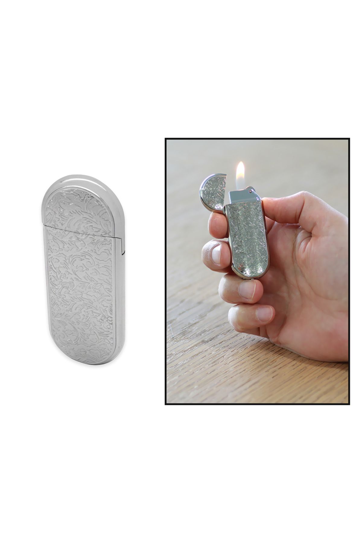 Tesbihane Kişiye Özel İsim Yazılı Gümüş Renk Sarmaşık İşlemeli Oval Tasarım Taşlı Çakmak