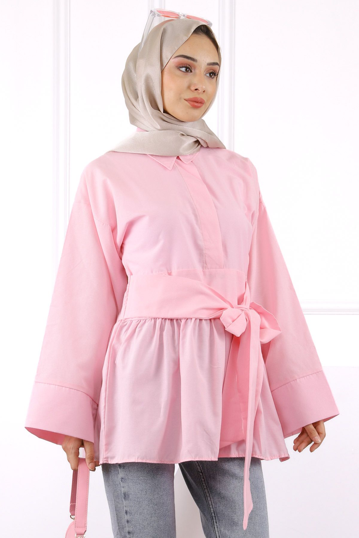 İmajButik Pembe Bel Kuşaklı Tunik