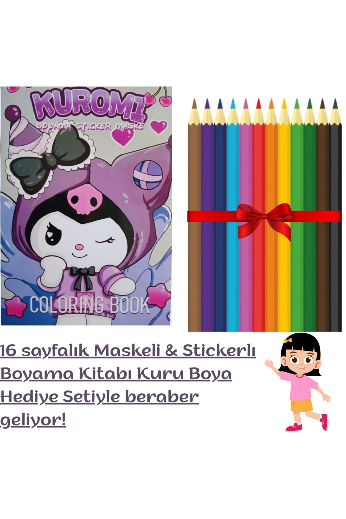 booddie Kuromi Boyama Kitabı Stickerlı (arka Kapak Kesilerek Maskeli ) 12'li Kuru Boya Kalem Seti