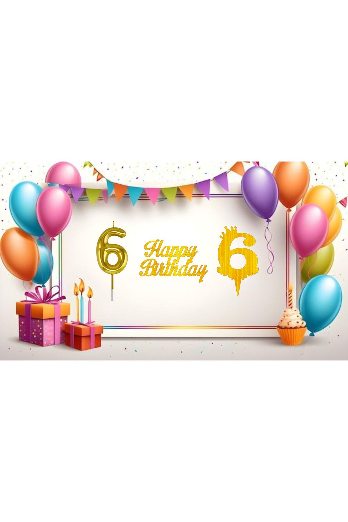YTB AJANS 6 Yaş Doğum Günü Pasta Süsü Rakam Mum, Rakam Pleksi, Happy Birthday Pleksi (3'LÜ PAKET)