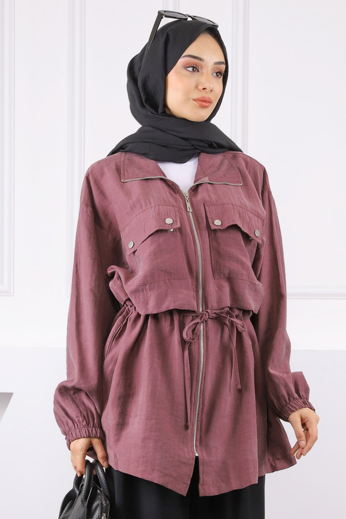 İmajButik Gül Kurusu Bel Bağlamalı Çift Cepli Ceket