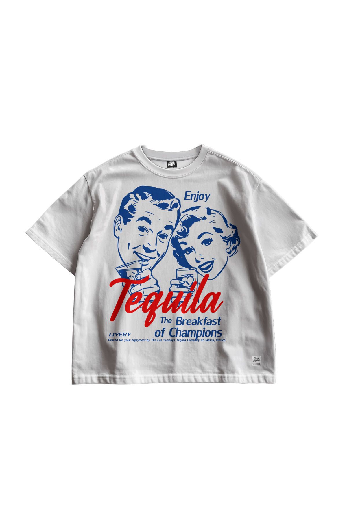 TresMonos Tequila Breakfast Baskılı Oversize Kısa Kollu Pamuklu Unisex Beyaz Tişört