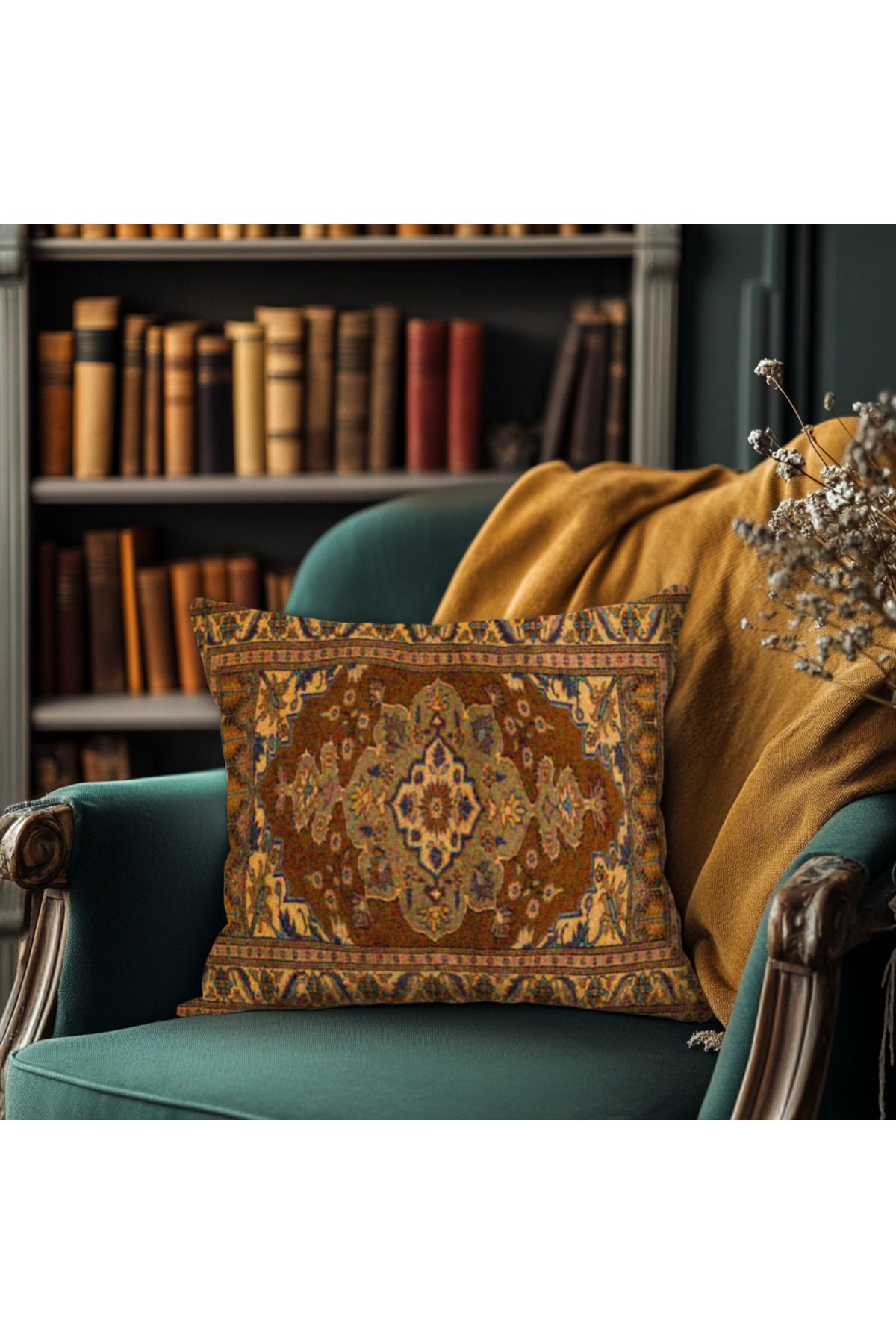 TURKISHRUG KINGDOM Pers Halı Motifli Çift Taraflı 43x43 cm Dekoratif Kırlent Kılıfı – Klasik ve Şık Salonlar İçin