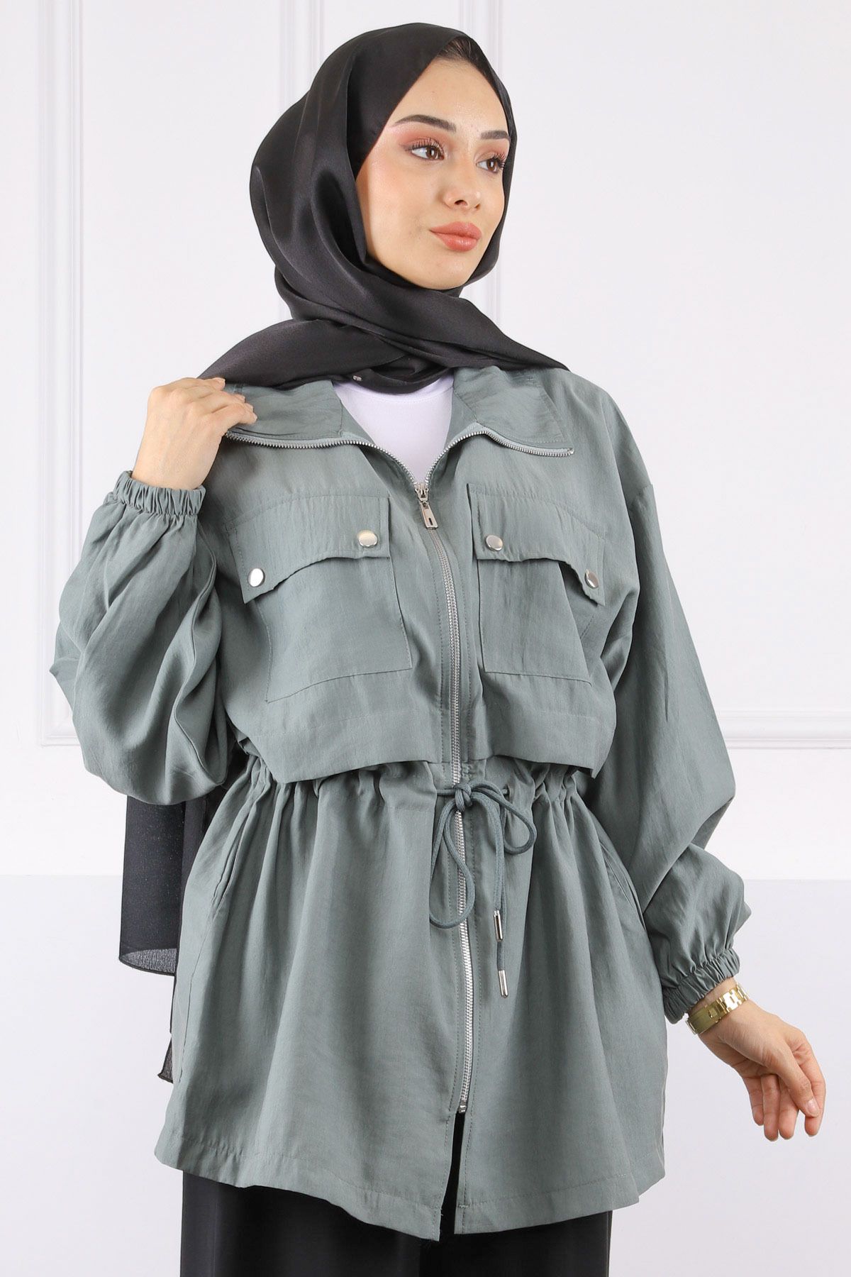 İmajButik Çağla Bel Bağlamalı Çift Cepli Ceket