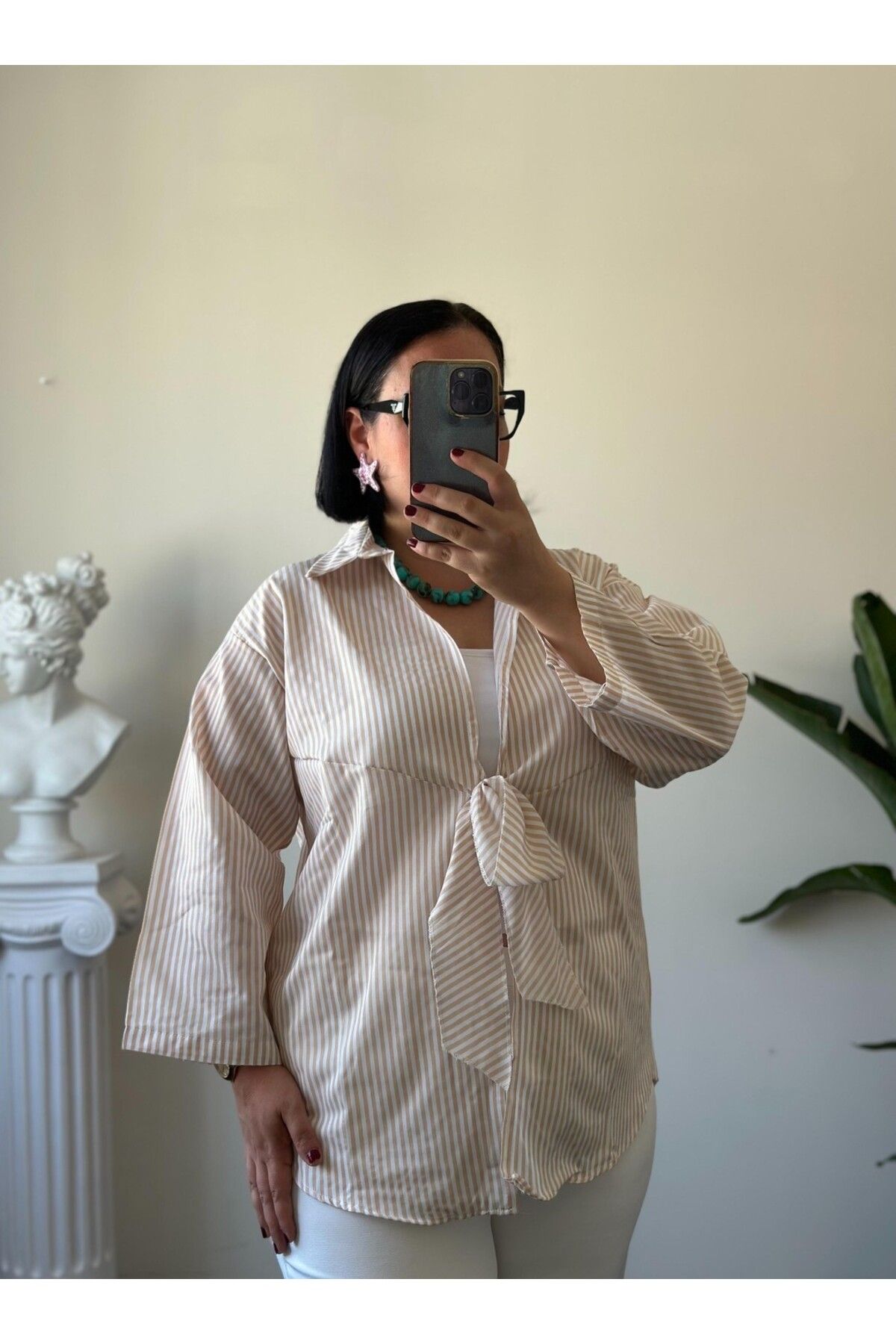 Vio Moda Büyük Beden Bağlamalı Poplin Standart Beden Gömlek