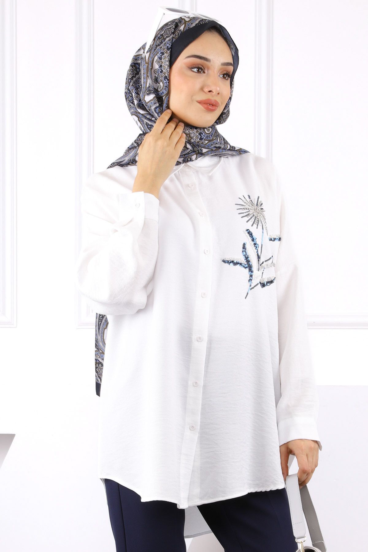 İmajButik Ekru Boncuk Detaylı Gömlek