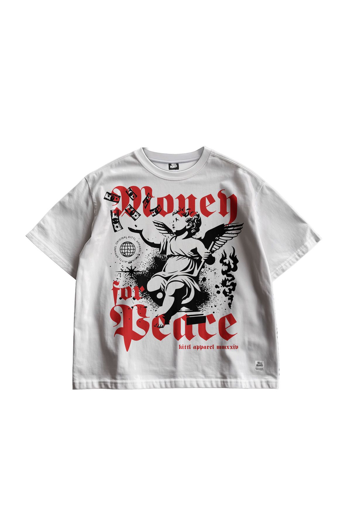 TresMonos Money for Peace Angel Baskılı Oversize Kısa Kollu Pamuklu Unisex Beyaz Tişört