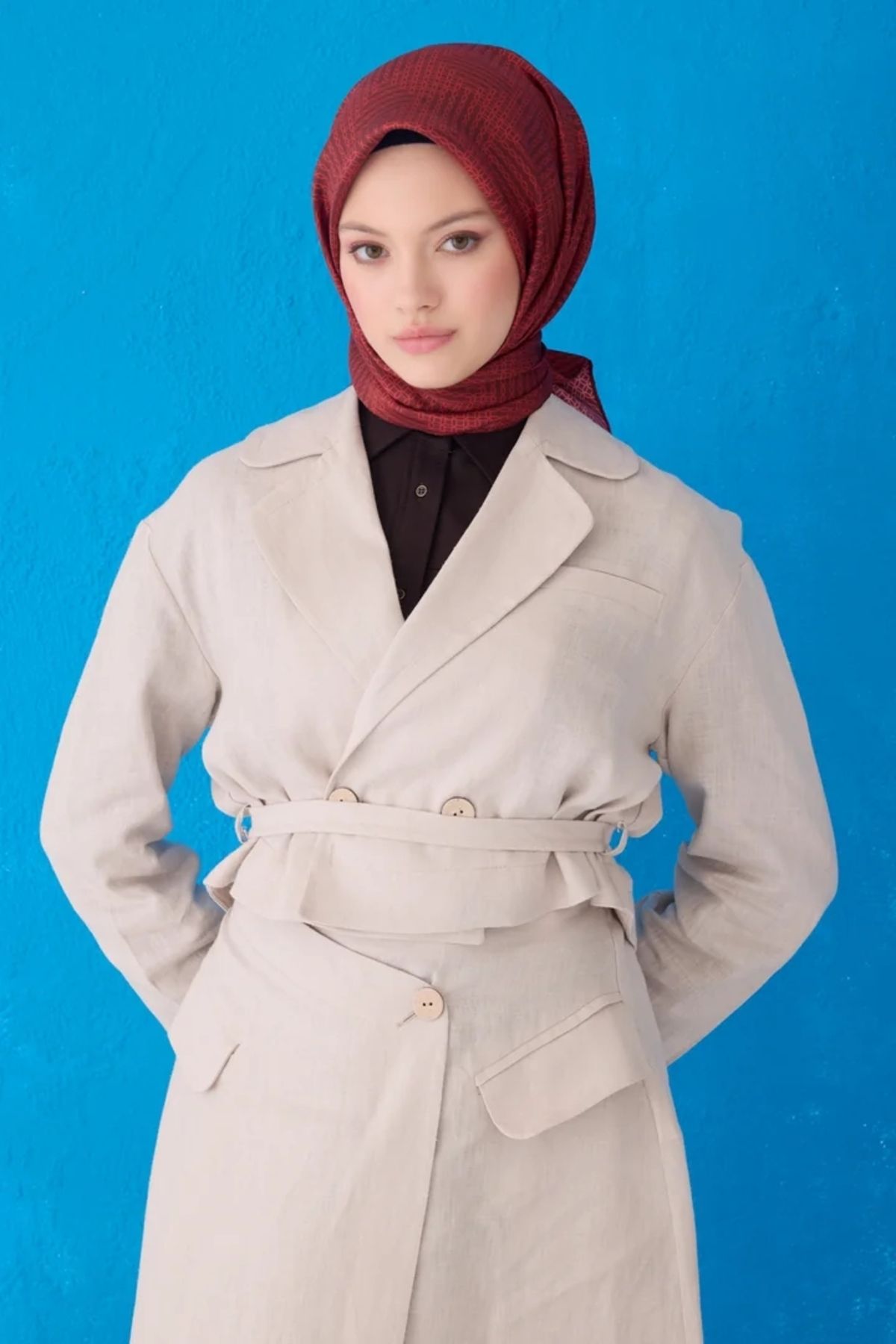Belli Twill İpek Eşarp 4104D Geometrik Desen Bordo-