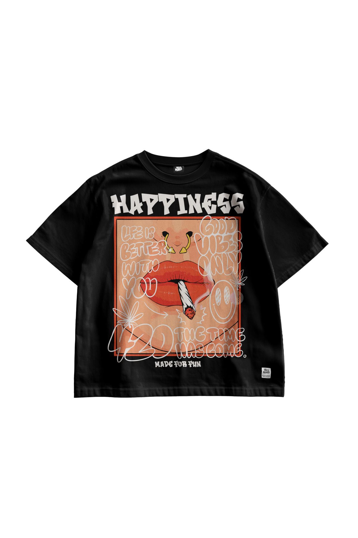 TresMonos Happiness Good Vibes Baskılı Oversize Kısa Kollu Pamuklu Unisex Siyah Tişört