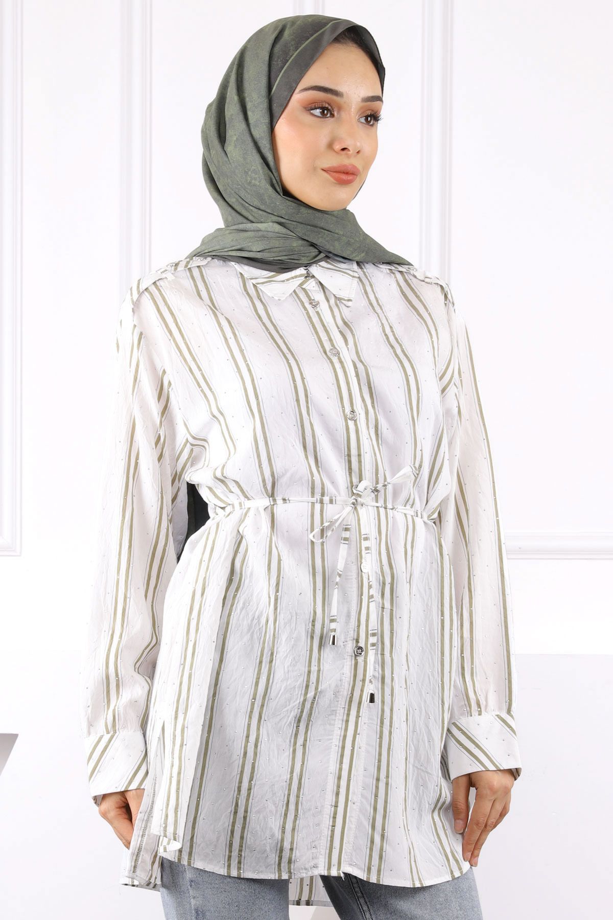 İmajButik Haki Taş Detaylı Çizgili Tunik