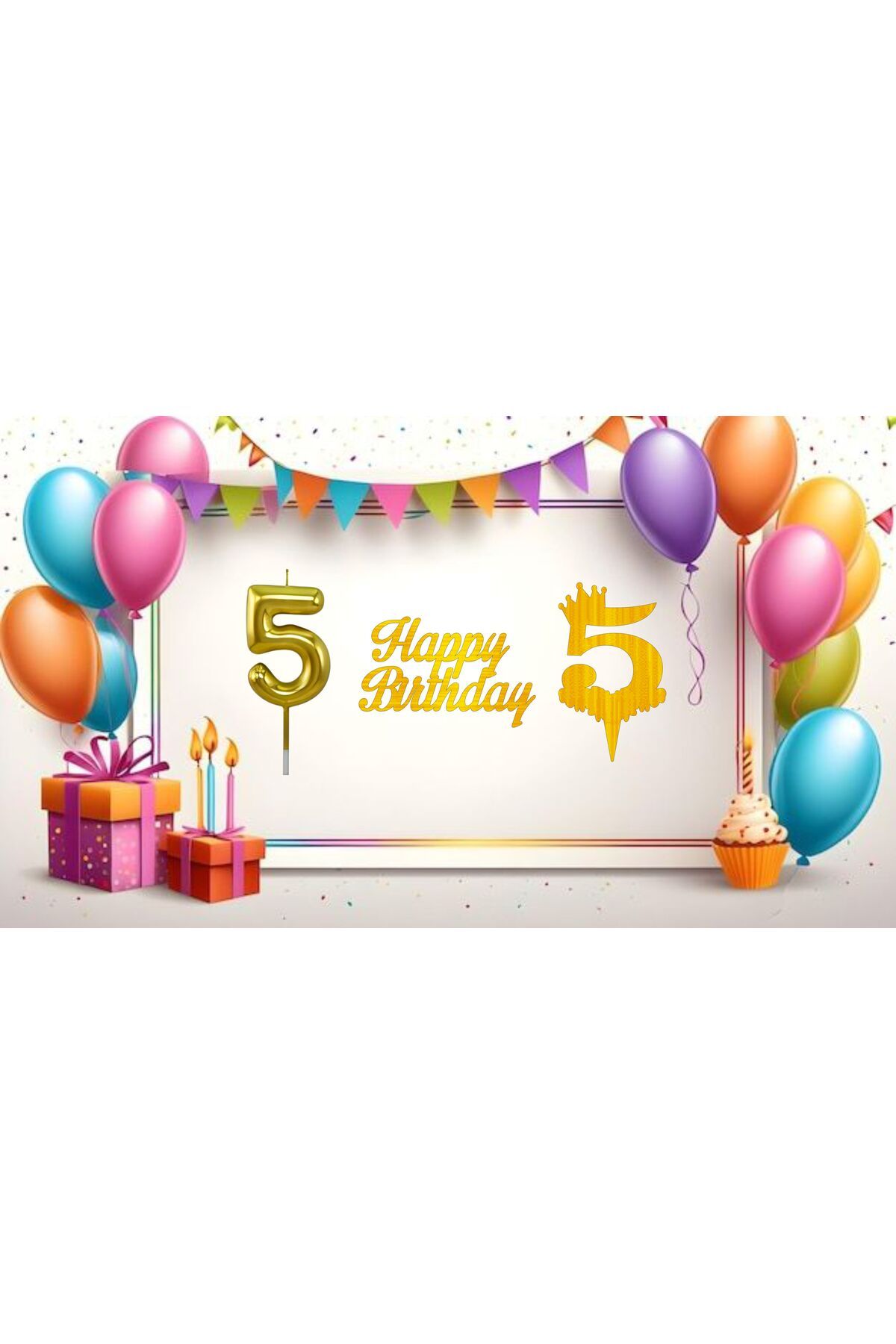 YTB AJANS 5 Yaş Doğum Günü Pasta Süsü Rakam Mum, Rakam Pleksi, Happy Birthday Pleksi (3'LÜ PAKET)