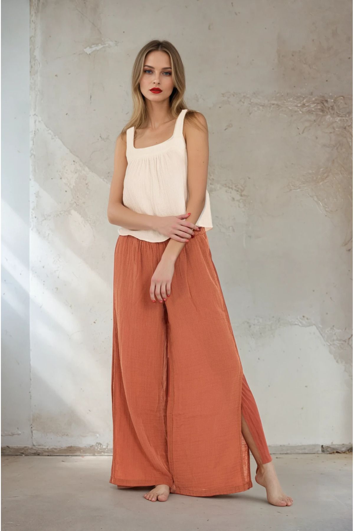 Evolet Home Efes Müslin Yırtmaçlı Pantolon