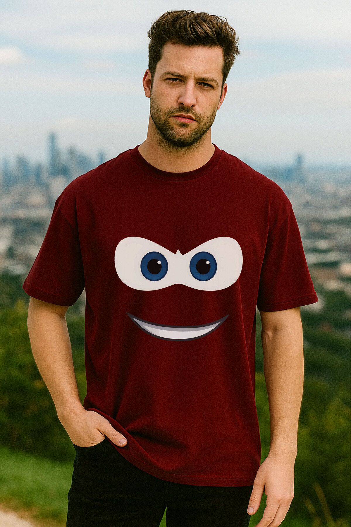 By Caspita Fashion Lenithra Oversize Şimşek McQueen Arabalar Baskılı Bordo Unisex T-Shirt