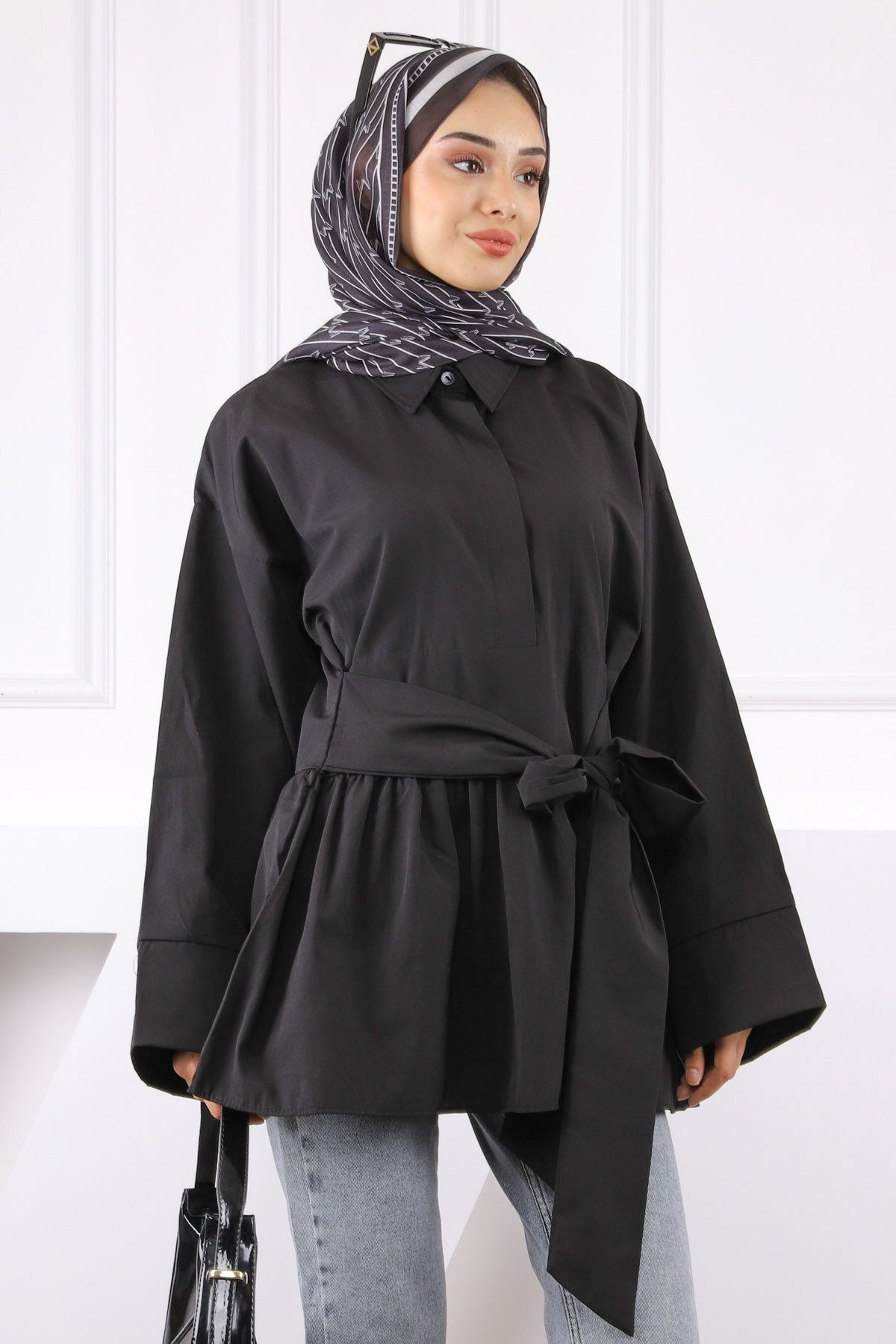 İmajButik Siyah Bel Kuşaklı Tunik