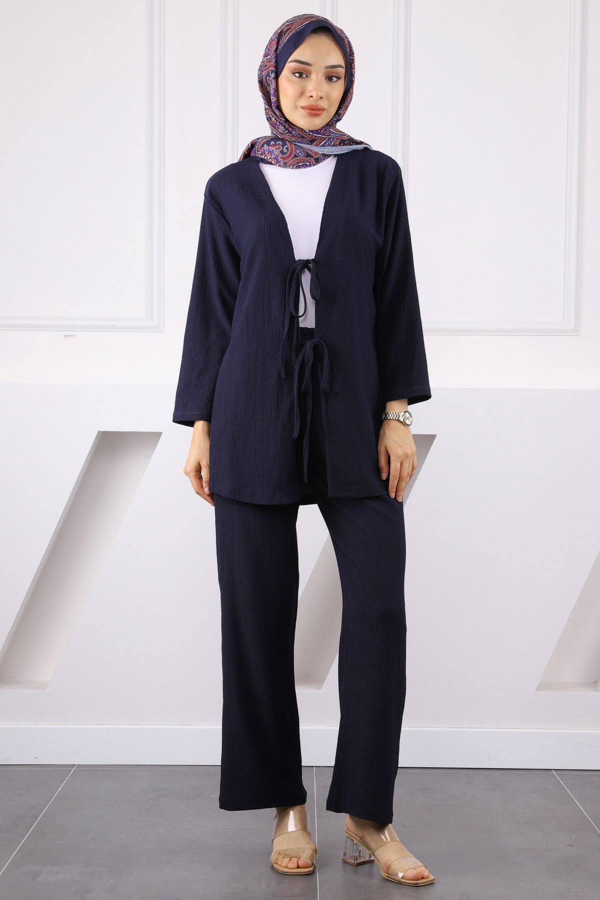 Navy Blue Front Tie Burdock Kimono Pants Set