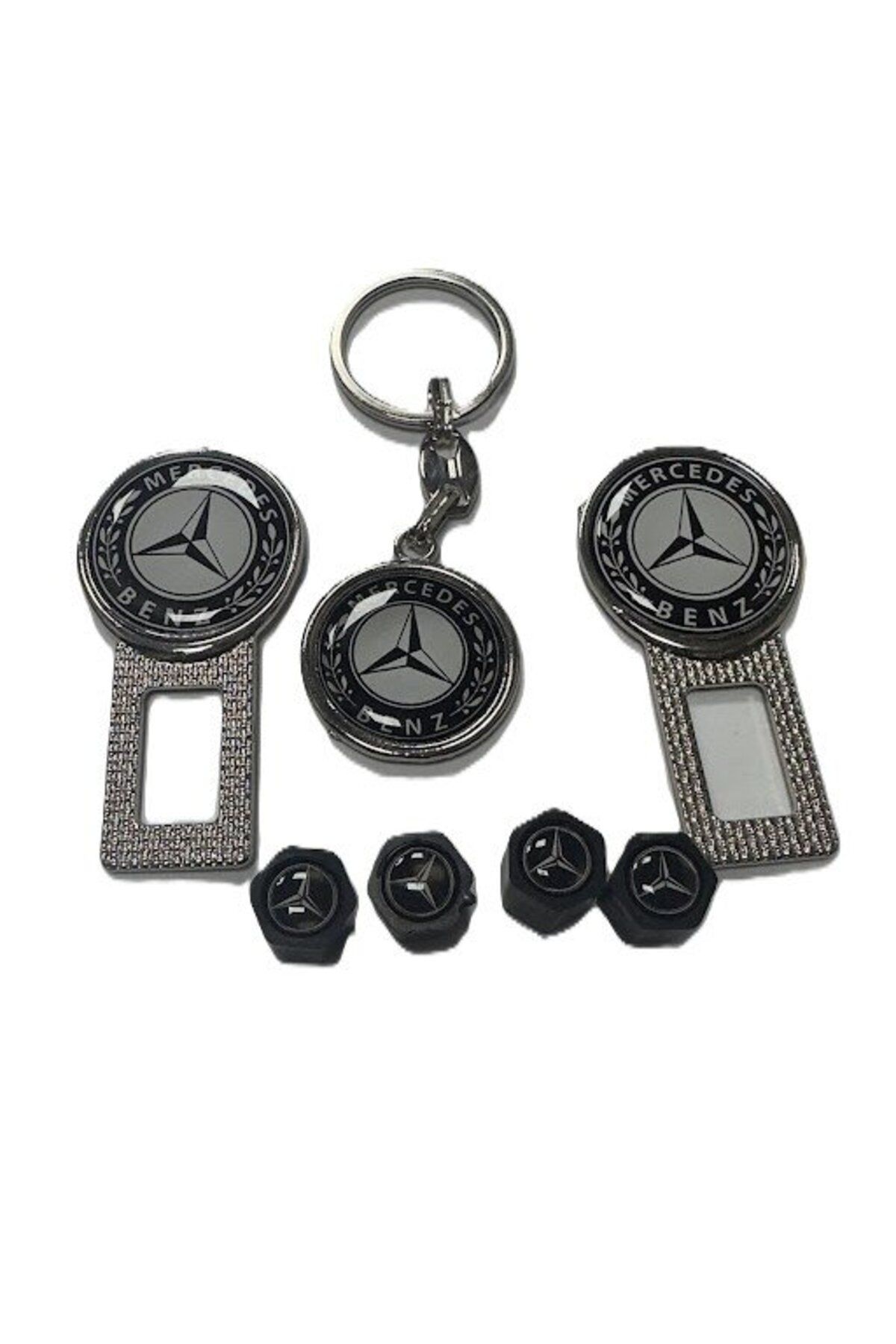STİLİX GARAGE MERCEDES Logolu Ikaz Ses Susturucu Metal Toka 2 Adet ANAHTARLIK 1 ADET SİBOP KAPAĞI 4 ADET