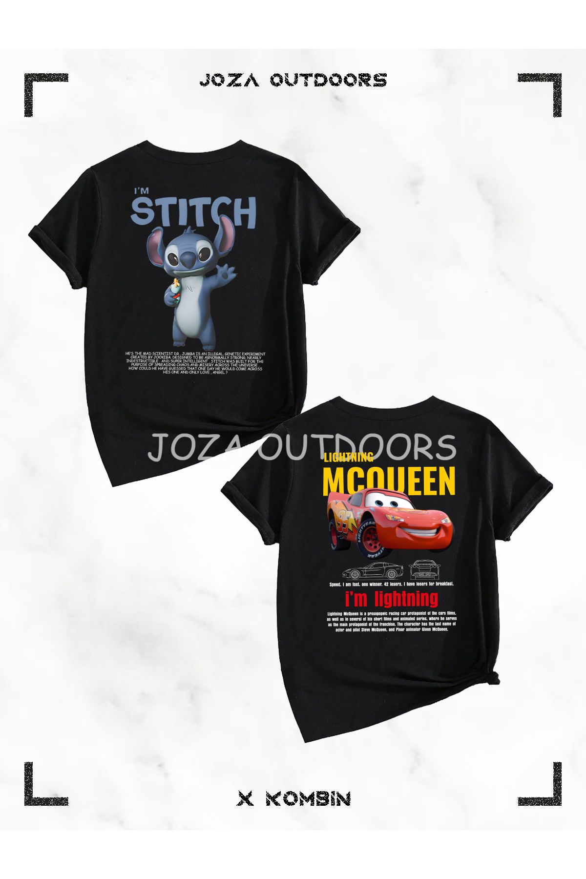 Jobia Outdoors Unisex Kız ve Erkek Angel Lilo Stitch - Mcqueen Sally Cars SIRT Baskılı Çocuk 2'li T-shirt Set Takım