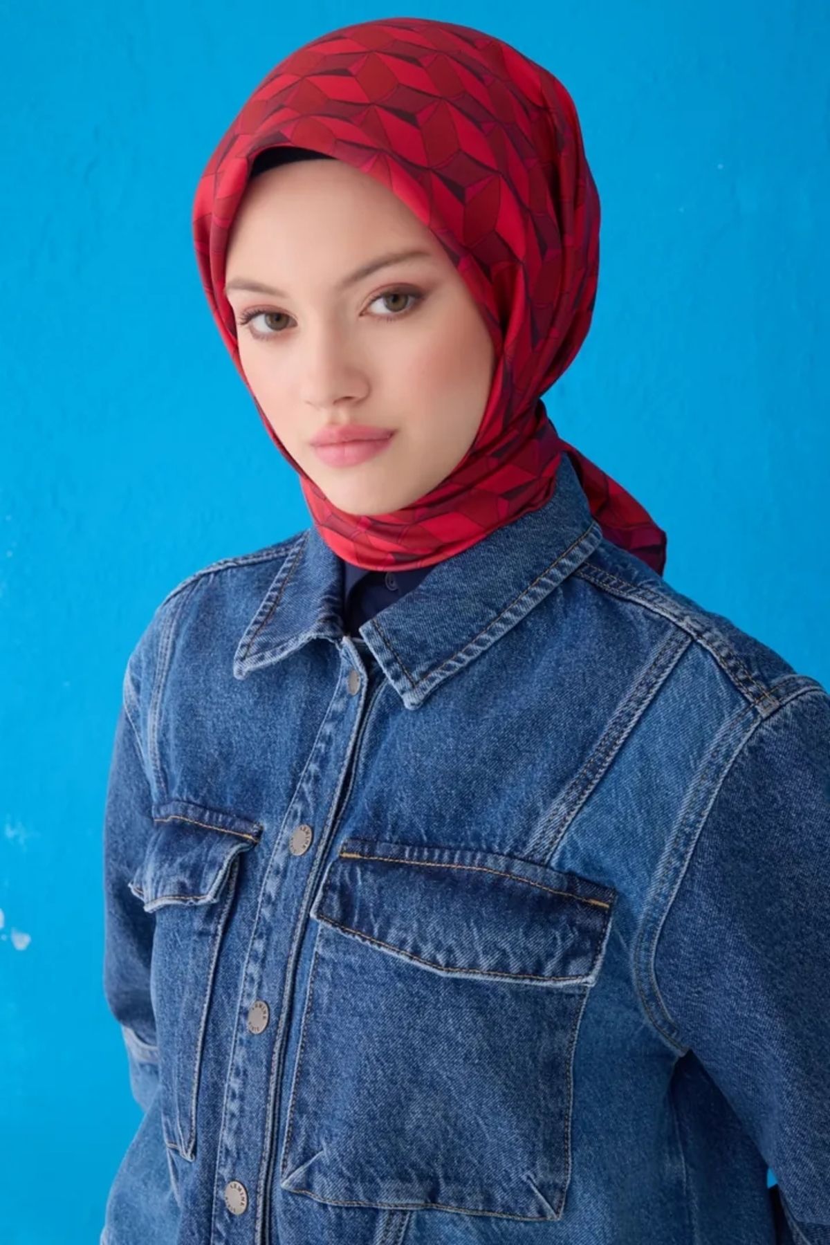 Belli Twill İpek Eşarp 4112D Geometrik Desen Fuşya-Bordo-80