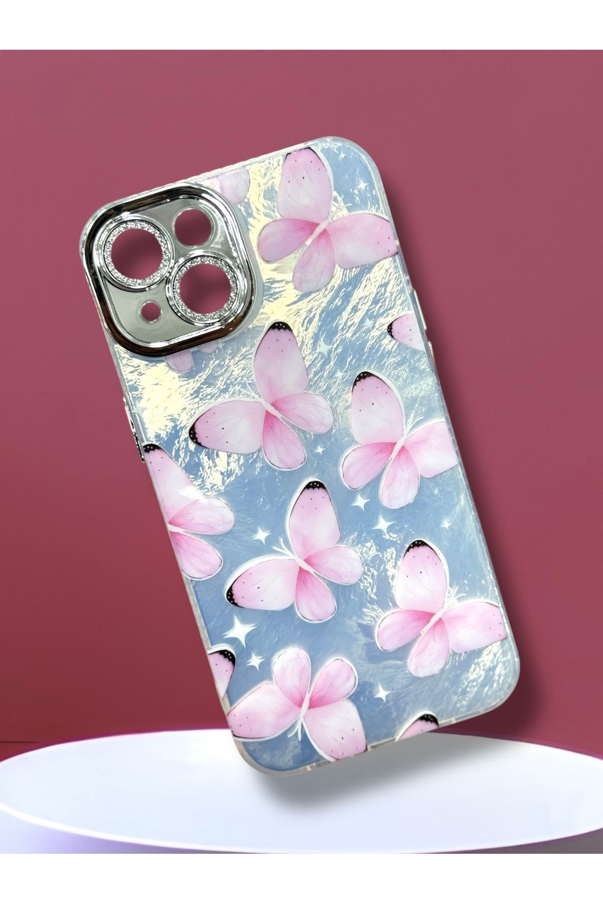 BURKİNA iPhone 13 iPhone 14 için uyumlu Taşlı Kamera Lens Koruyucu Renkli Darbe Emici Kılıf