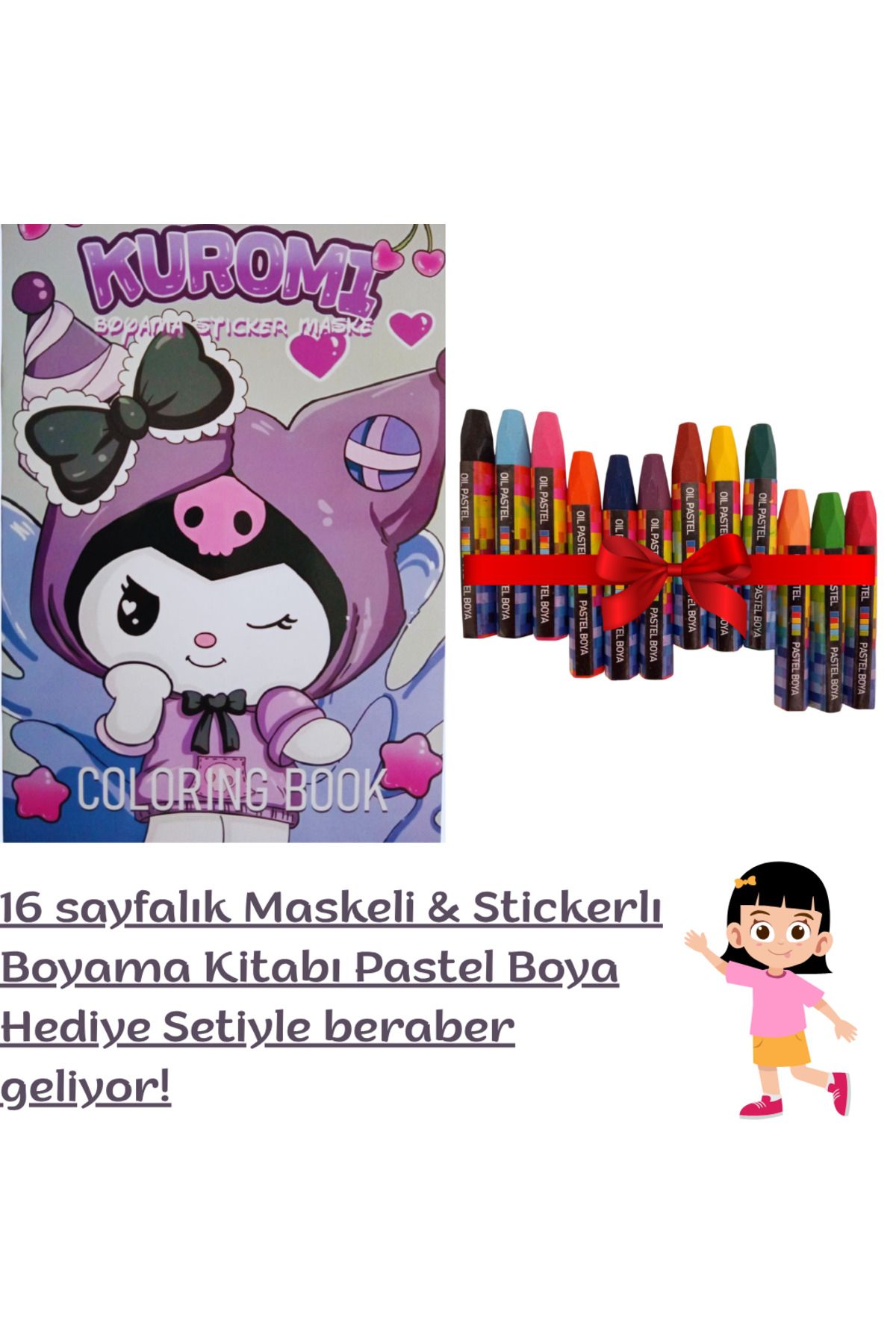 booddie Kuromi Boyama Kitabı Stickerlı (arka Kapak Kesilerek Maskeli ) 12'li Pastel Boya Seti