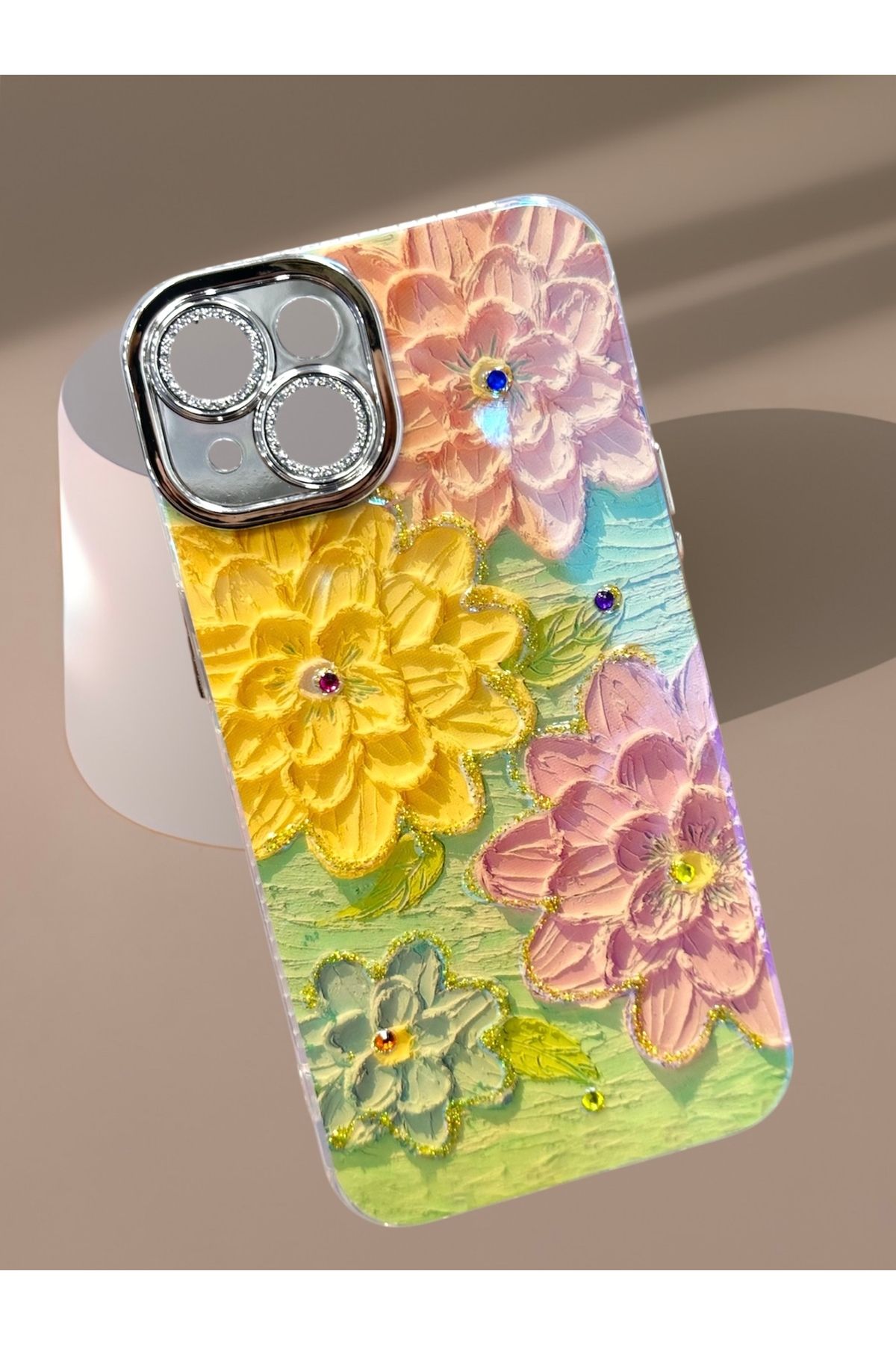 BURKİNA iPhone 13 iPhone 14 için uyumlu Taşlı Kamera Lens Koruyucu Renkli Darbe Emici Kılıf