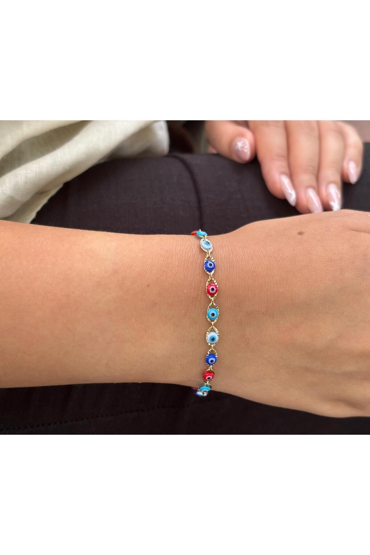 Akiha Aksesuar-Multicolored Steel Premium Bracelet with Evil Eye Beads 4