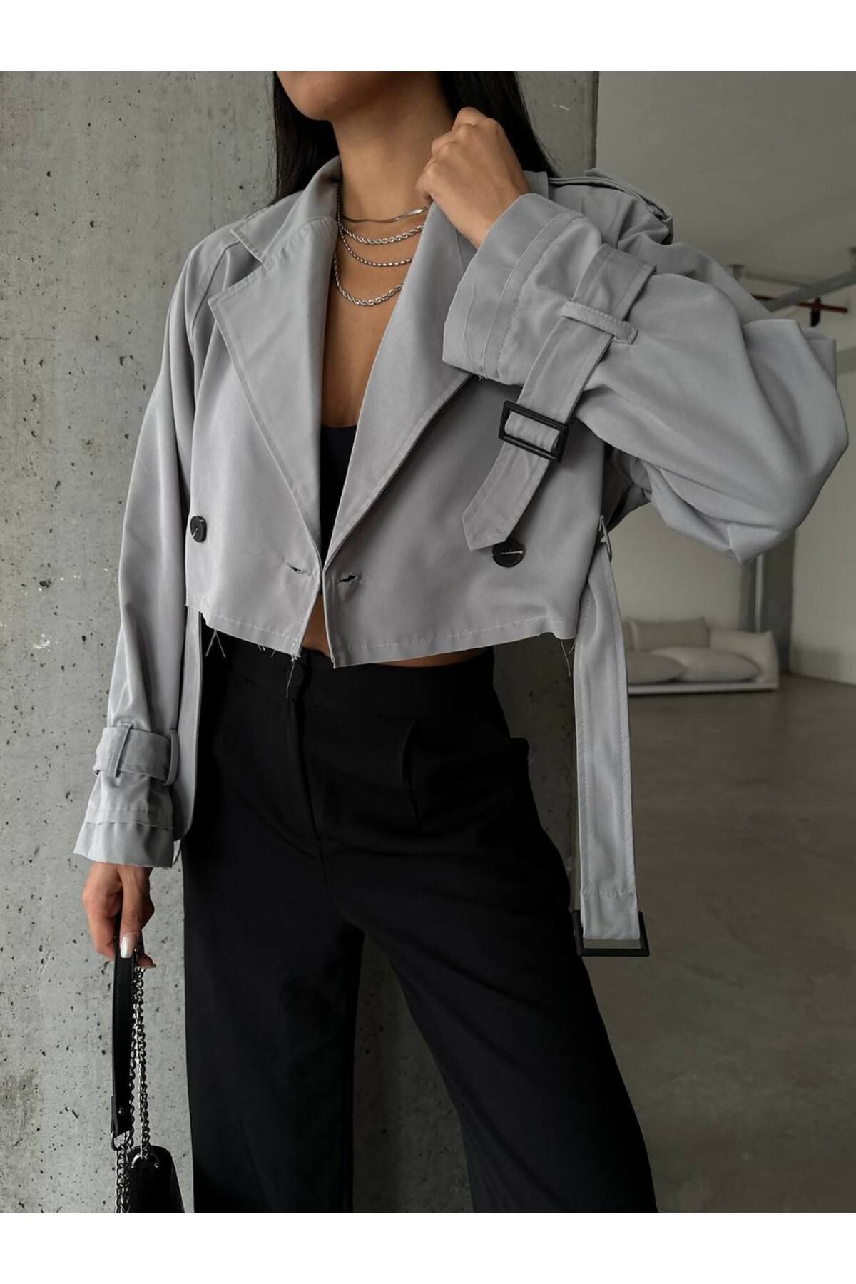 Sachistanbul Kuşaklı Crop Trençkot