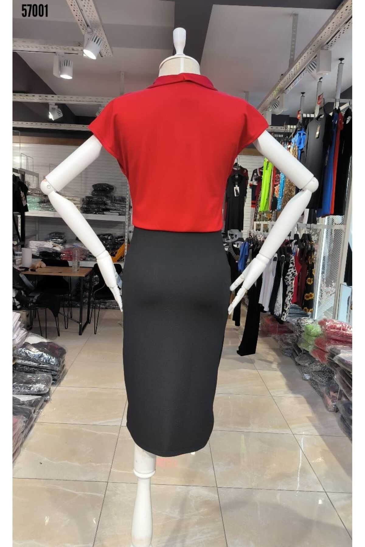 Cbm Kadın kısa kollu kruvaze yaka krep elbise (Kemersiz) Kırmızı Gül Figürlü Kolye hediye