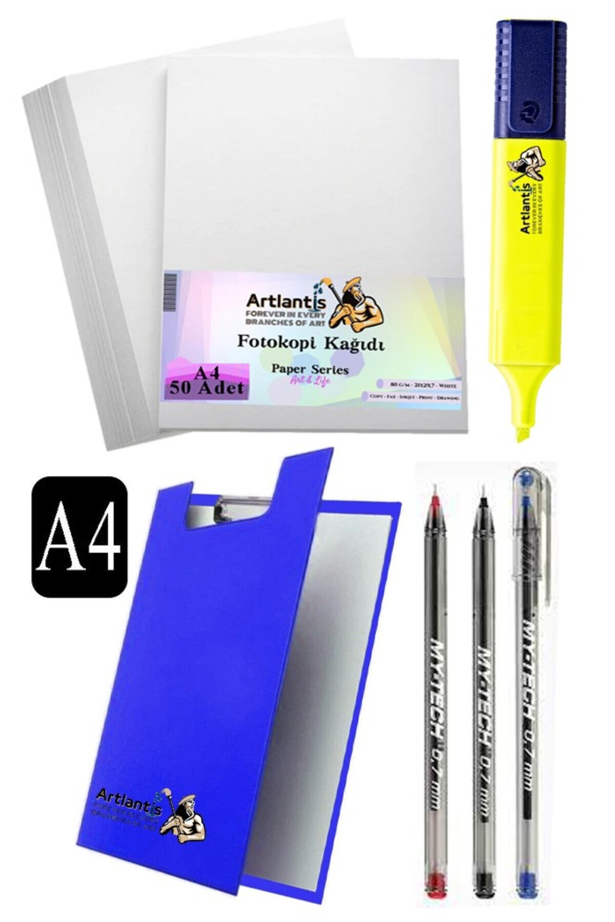 Artlantis Kapaklı Sekreterlik A4 Tükenmez Kalem 3 Renk A4 Beyaz Fotokopi Kağıdı 50 Adet Fosforlu Kalem Sarı Of