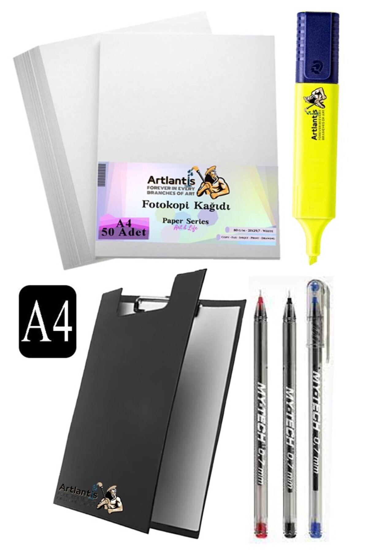 Artlantis Kapaklı Sekreterlik A4 Tükenmez Kalem 3 Renk A4 Beyaz Fotokopi Kağıdı 50 Adet Fosforlu Kalem Sarı Of