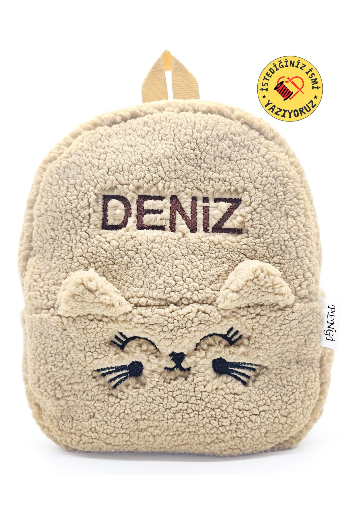 PENGİ [ İSTEDİĞİNİZ İSMİ YAZIYORUZ ] Kedicik Bej (FİGÜR+İSİM) 0-8 Yaş Çocuk Sırt Çantası, Anaokulu -kreş