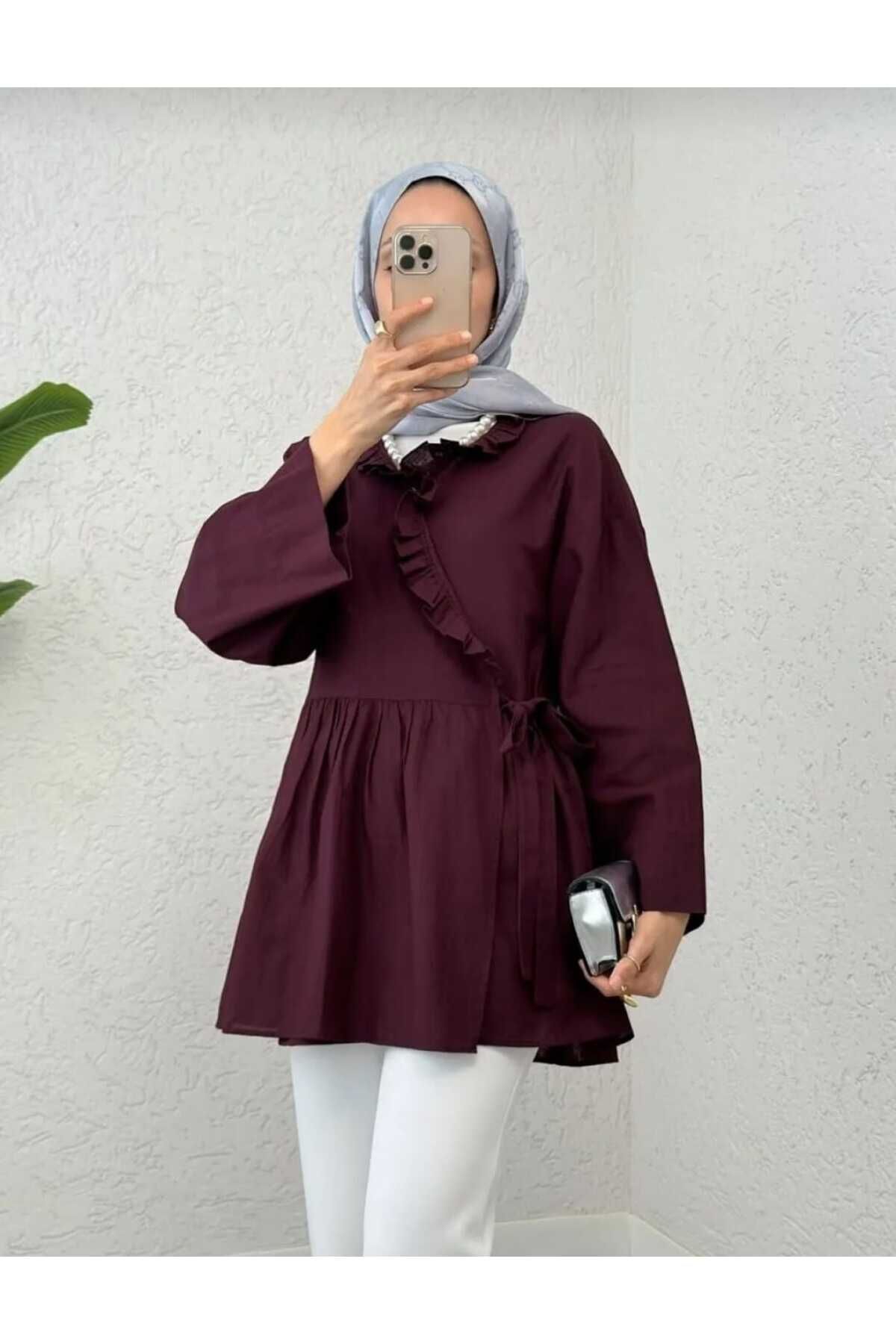 MODA VEDAT Kadın Yaka Fırfır Detaylı Keten Kimono