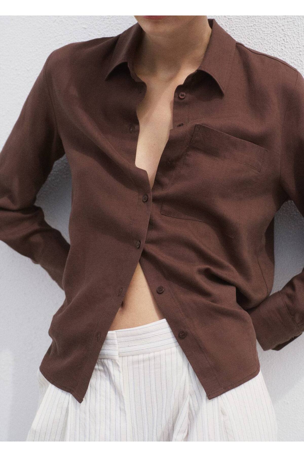Lyocell keten karışımlı düz kesim gömlek