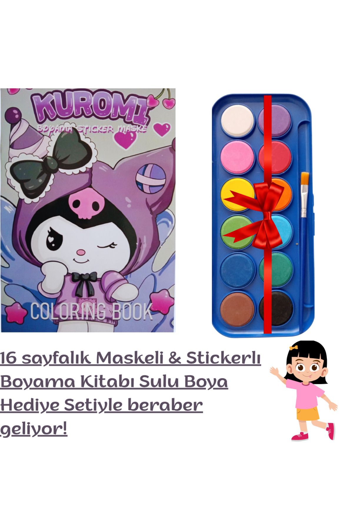 booddie Kuromi Boyama Kitabı Stickerlı (arka Kapak Kesilerek Maskeli ) 12'li Sulu Boya Seti