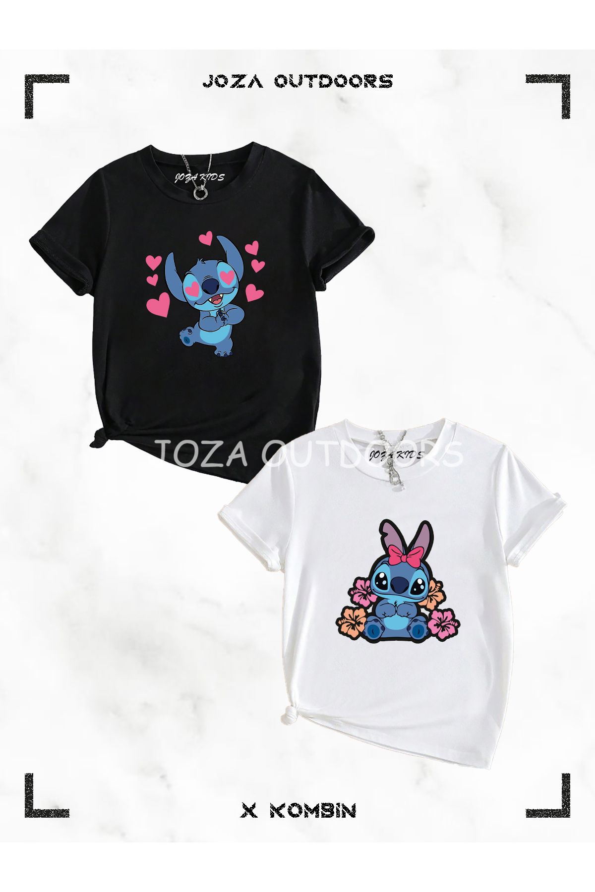 Joza Outdoors Kız Lilo Stitch Baskılı Çocuk 2'li Siyah Beyaz T-shirt Set Takım